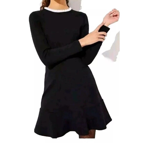 LOFT Black Dress Womens Sz 8 White Ruffle Collar Flowy Dark Romantic goth whimsy - Picture 8 of 10